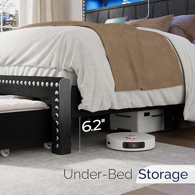 Queen Size Bed Frame with Storage Headboard and Drawers Modern Rivets Upholstered Bed Frame with LED Charging Station Queen Bedframe No Box Spring Needed