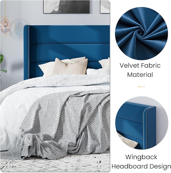 SHA CERLIN Queen Size Velvet Bed Frame/Vertical Channel Tufted Wingback Headboard/Upholstered Platform Bed with Wooden Slats/Mattress Foundation/No Box Spring Needed/Easy Assembly/Blue