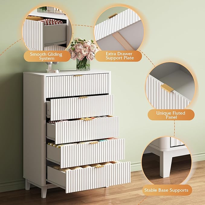 WLIVE Fluted Dresser for Bedroom with 5 Drawers, 46.26" Tall Wood Dresser with Golden Metal Handles, Mid Century Modern Chest of Drawers for Living Room, Hallway, Closet, Solid White