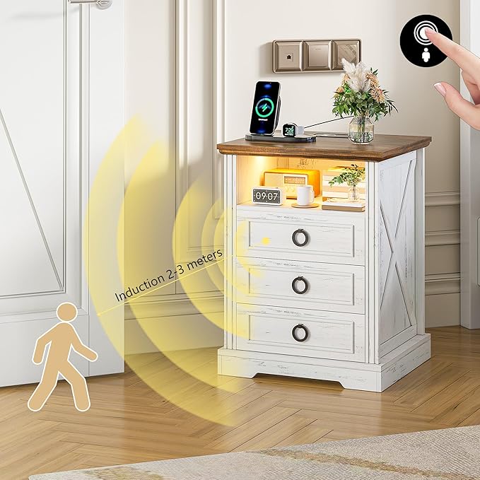 Nightstand with Charging Station,Farmhouse End Side Table with 3 Drawers and Open Storage,Smart Bedside Table with LED Light & Human Sensor for Bedroom,White