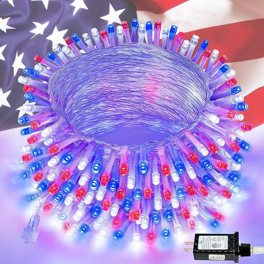 KAQ Red White & Blue Lights 115FT 300LED 4th of July Decorations Outdoor/Indoor, Extendable Plug-in Twinkle Fairy Lights Waterproof with 8 Modes&Timer Independence Day Patriotic Tree Decorations