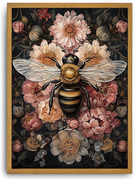Djmwtb Vintage Framed Wall Art Bee Canvas Wall Art Prints Botanical Floral Pictures Flower Painting Wall Decor Artwork for Living Room Bedroom Bathroom Office 16x24in
