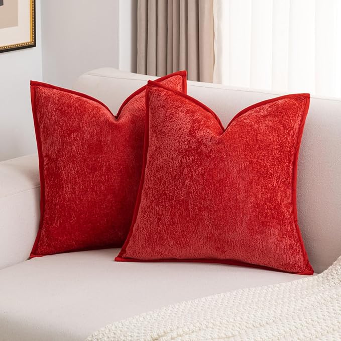 FUTEI Red Chenille Throw Pillow Covers 22x22 Inch Set of 2,Soft Cozy Bound Edge Design Cushion Case,Home Decor for Couch Bed Living Room