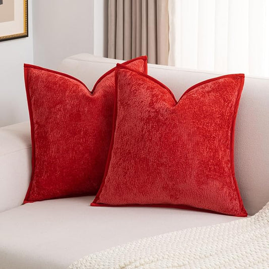 FUTEI Red Chenille Throw Pillow Covers 22x22 Inch Set of 2,Soft Cozy Bound Edge Design Cushion Case,Home Decor for Couch Bed Living Room