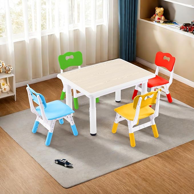 Kids Study Table and Chairs Set, Height Adjustable Toddler Table and Chair Set for Kids Ages 3-8, 31.5" L x 23.6" W Graffiti Desktop Plastic Children Art Table with 4 Seats