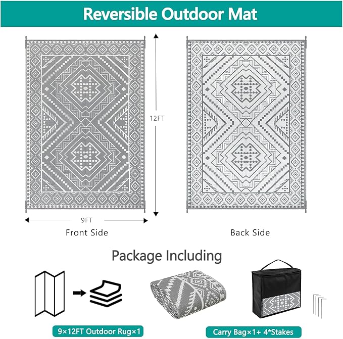 Waterproof Outdoor Rug 9x12 ft, Reversible Plastic Straw Mat, Large Floor Mat for Patio, Camping, Picnic, Backyard RV, Deck, Grey