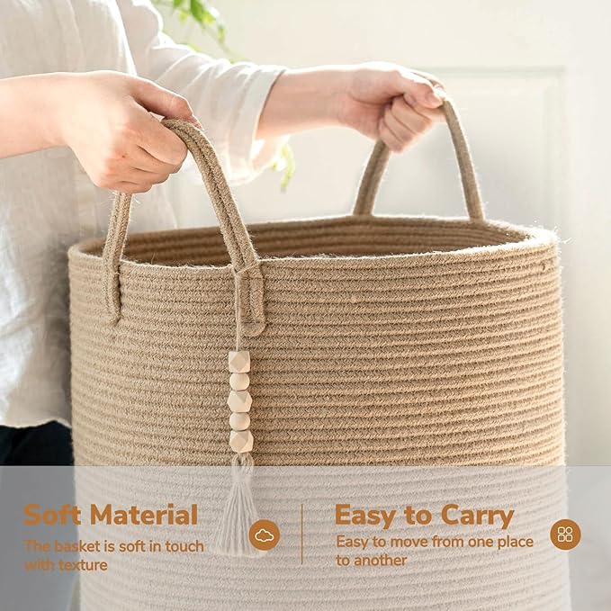 Goodpick Boho Jute Laundry Hamper Basket, Wicker Laundry Basket with Handles, Tall Baby Nursery Hamper, Large Woven Blanket Storage for Living Room, Bedroom, 16" x 20"