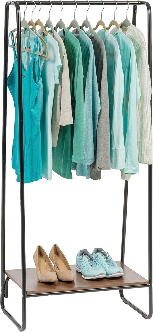 IRIS USA Clothes Rack for Hanging Clothes with Bottom Wood Shelf, Freestanding Clothing Rack, Easy to Assemble Garment Rack, Metal, Sturdy Design, Multipurpose, Small Space Storage Solution, Black