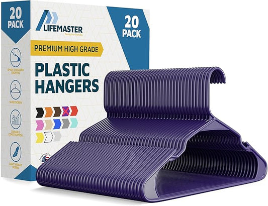 Plastic Clothes Hangers – Heavy Duty Hanger Set, for Organizing Clothes, Dresses, and Coat, Holds Up to 5 lbs, Space-Saving Hangers with Non-Slip Shoulder Grooves, Pack of 20, Purple