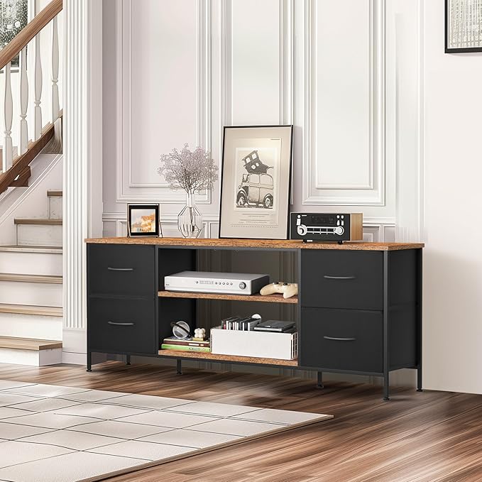 TV Stand for Bedroom, Television Stand for TV up to 55 Inch Entertainment Center Dresser with 4 Drawers Open Storage Shelves for Living Room, Entryway (Black and Rustic Brown)