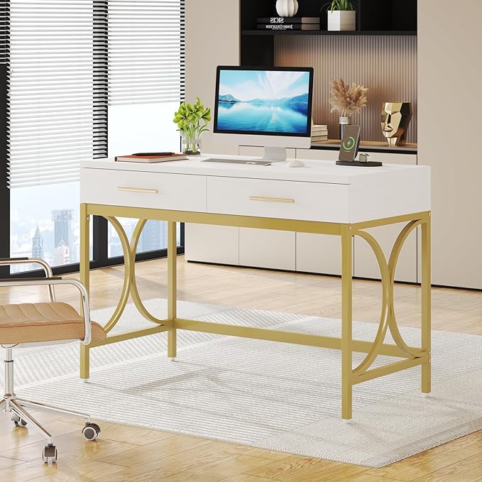 Tribesigns Modern Computer Desk with 2 Drawers, 41 Inches Study Writing Office Desk for Home Office, Bedroom, Makeup Vanity Table Desk with Gold Metal Frame, White & Gold