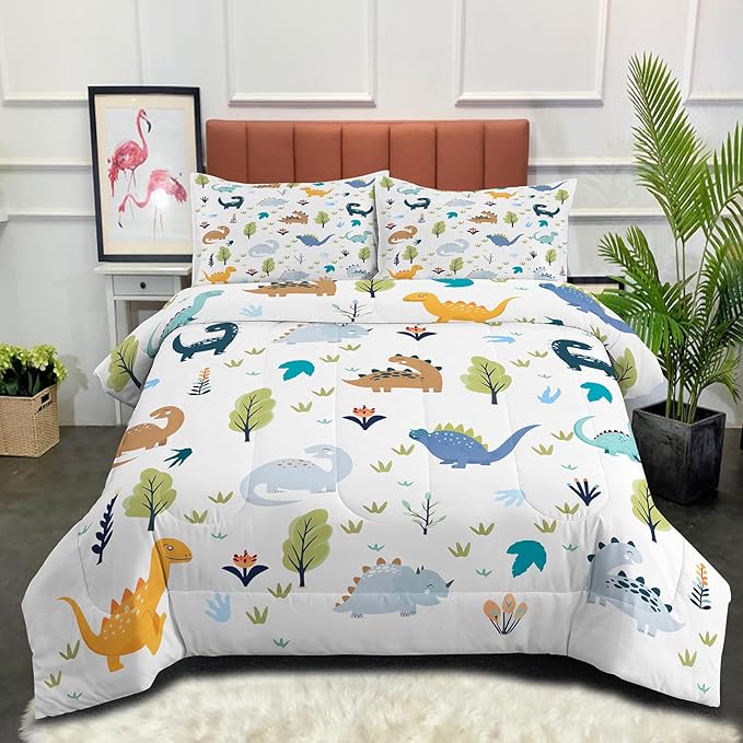 Tailor Shop Queen Dinosaur Kids Bedding Set for Boys, Queen Dinosaur Kids Comforter Sets for Boys, 3 Pieces Soft Lightweight for All Seasons