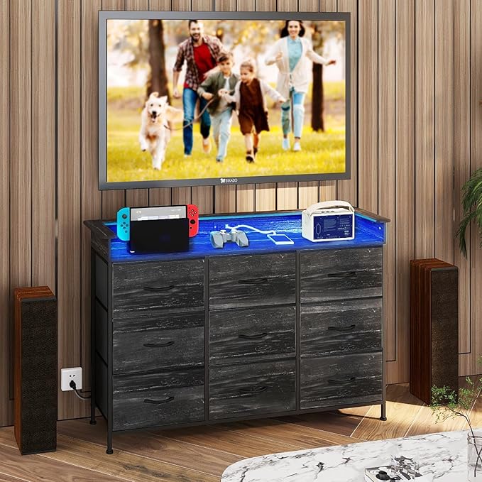 EXOTICA Black Dresser with Charging Station 9 Drawers Dresser with LED Light and USB Ports Fabric Dressers for Bedroom Hallway Entryway Closets Sturdy Steel Frame Wood Top