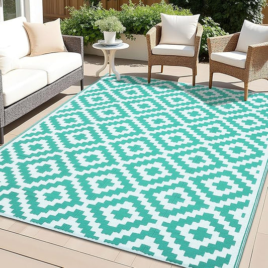 OLANLY Waterproof Outdoor Rug 5x8 ft, Outdoor Plastic Straw Rug for Camping, RV Mat Outside, Outdoor Carpet for Porch, Deck, Backyard, Balcony, Picnic, Turquoise & White
