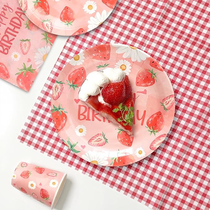 96pcs Kids Birthday Party Disposable Tableware Set Pink Strawberry Pattern for 24 Guests Party Supplies Round Plates（Include Plates, Cups and Napkins）