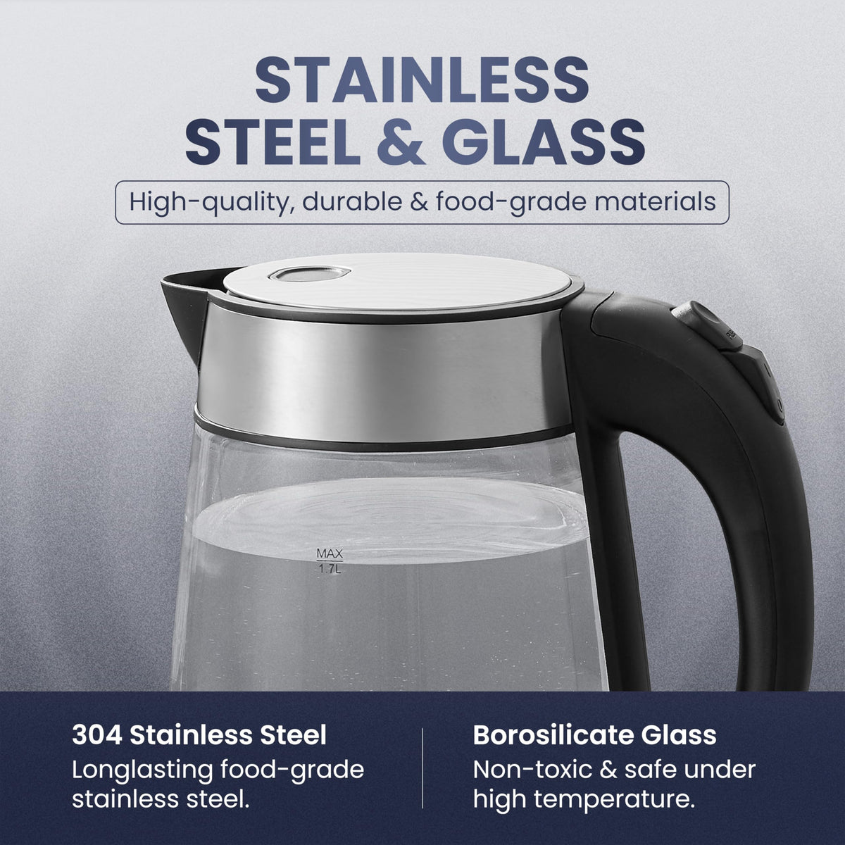 Elite Gourmet 1.7L BPA-Free Glass Electric Kettle, 1500W, Blue LED