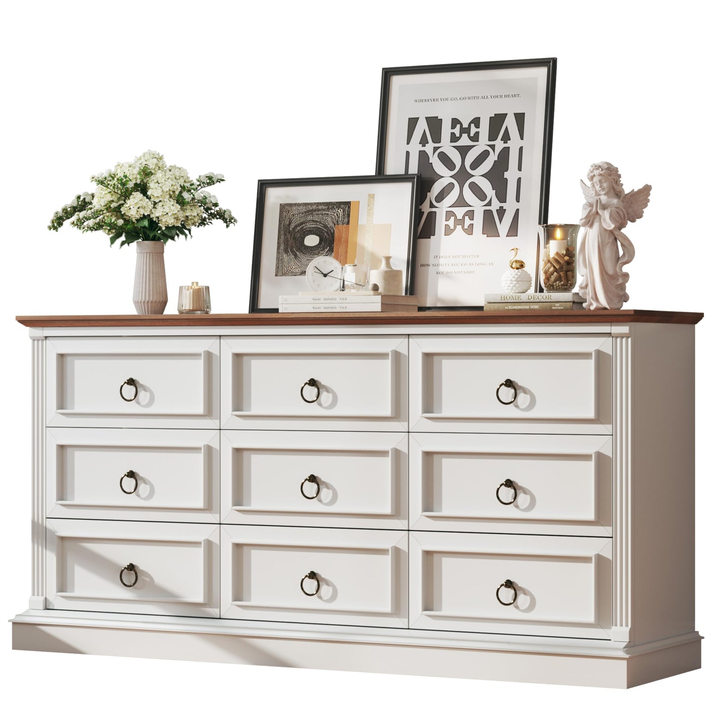 HUAHUU Farmhouse 9 Drawer Dresser for Bedroom, 60" Wide Wood Dresser with Roman Column, Chest of Drawers with Antique Bronze Circle Handles, Storage Organizer for Living Room, Hallway, Entryway, White