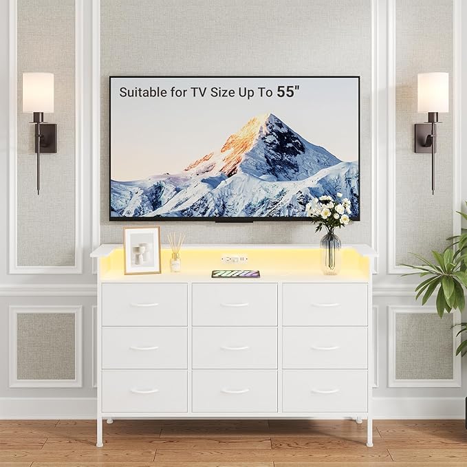 ELYKEN White Dresser with LED Light for Bedroom, Dresser with 9 Drawers and Charging Station, Fabric Chest of Drawers with PU Finish Storage Drawers for Entryway Closet Living Room Hallway Guest Room