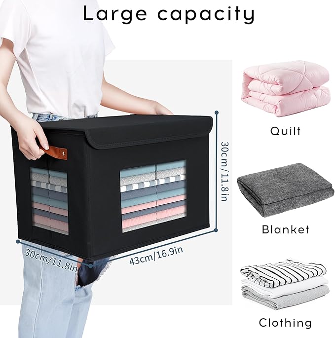 Storage Bins for Clothes, 40L Large Collapsible Stackable Closet Organizer Containers, Storage Boxes with Lids,Storage Cube Basket, Clear Windows & PU Leather Handles, Pack of 3, 17x12x12 Inch