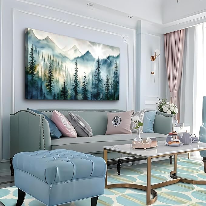 Lapremoly Framed Wall Art - Modern Fog Forest Landscape Canvas Prints for Living Room, Bedroom, Office - Ready to Hang - Blue Abstract Wall Decor