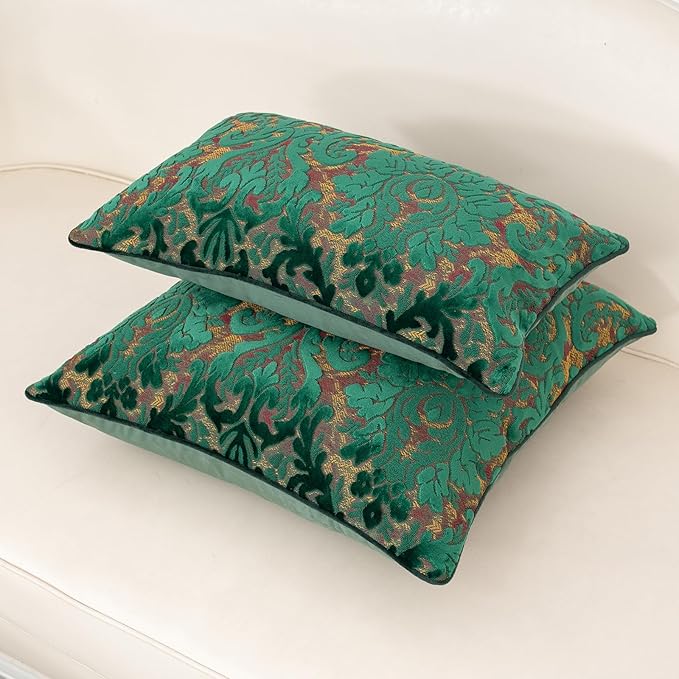 Alerfa Boho Green Floral Throw Pillow Cover 20x20 Inch Cut Velvet Sqaure Luxury Embroidered Decorative Pillow Cover for Couch Living Room Bedroom