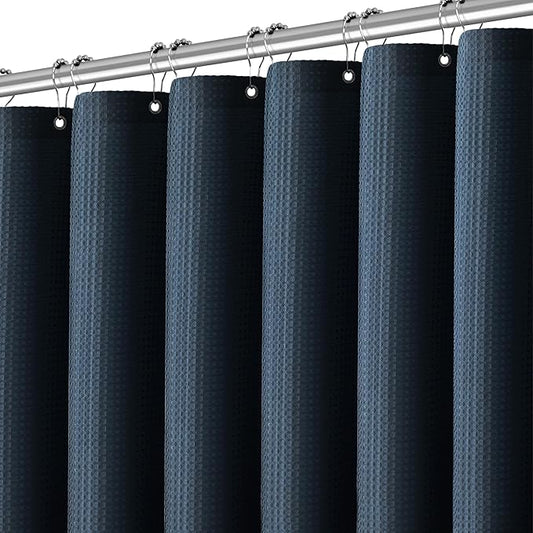 Long Blue Shower Curtains for Bathroom Waffle Weave 84 Inches Length Heavy Duty Fabric Navy Shower Curtain, 256GSM Waterproof Luxury Shower Curtain with 12 Hooks, 72Wx84H Navy Blue