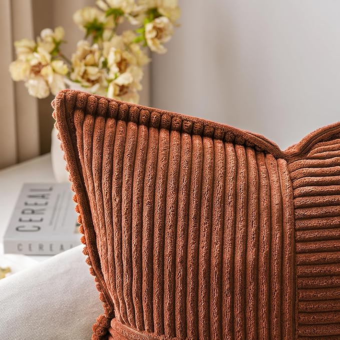 MIULEE Dark Rust Fall Decorative Throw Pillow Covers for Couch Bed Livingroom 18x18 Inch Set of 2 Boho Accent Throw Pllows Broadside Striped Patchwork Soft Corduroy Pillowcases