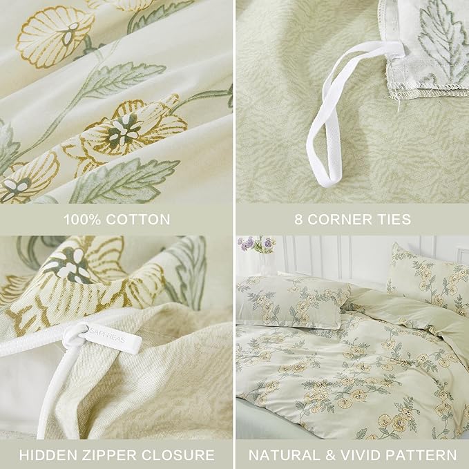 SAPHREAS Green Leaf Cotton Duvet Cover Set King Size 3pcs Tropical Botanical Yellow Flower Bedding Comforter Cover Set 1 Duvet Cover 2 Pillow Shams, Comforter Not Included