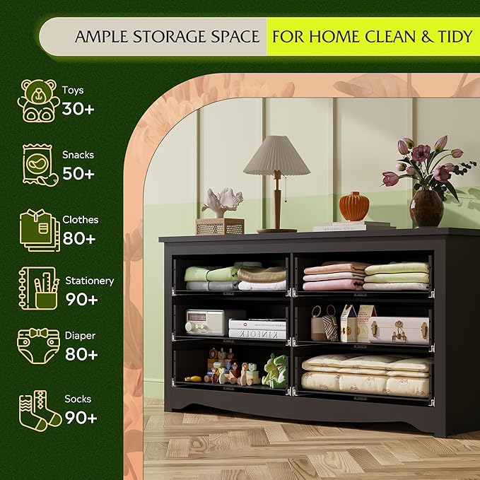 WLIVE Black Dresser with 6 Drawer, 59" Wide Chest of Drawers for Bedroom, Wood Long Nightstand with Drawers, Modern Large Storage Tower Unit, Closet Store Organizer for Living Room
