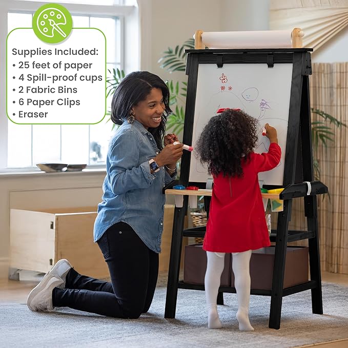 Little Partners Deluxe Learn 'N Play Toddler Easel for Kids, Two-Sided Art Center with Chalkboard, Magnetic Dry Erase Whiteboard, Paper Feed, Storage Bins, Paint Containers (Charcoal & Natural)