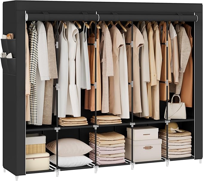 SONGMICS Portable Closet, Wardrobe Closet Organizer with Cover, 5 Hanging Rods and Shelves, 4 Side Pockets, 17.7 x 83 x 65.7 Inches, Large Capacity for Bedroom, Living Room, Ink Black URYG095B01