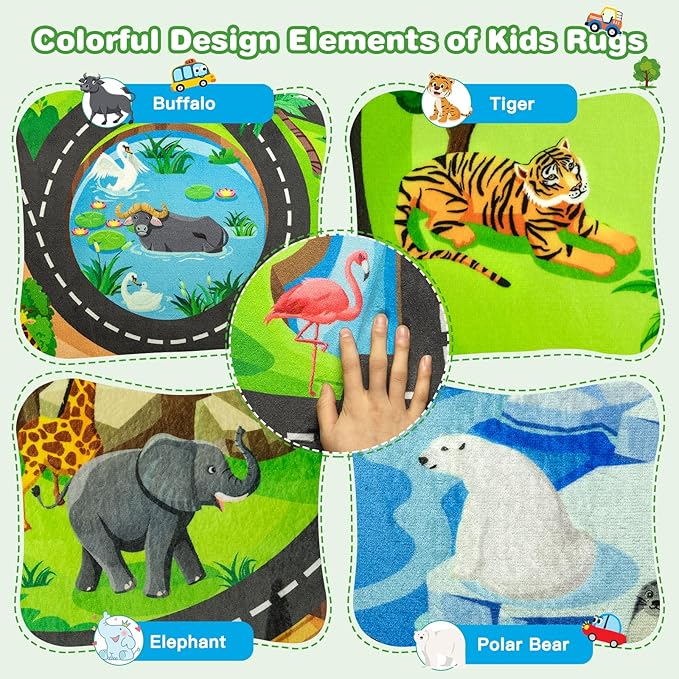 Kids Rug, 4x6 Ft Animal Car Rugs for Kids Toy Cars, Extra Thick (0.4in) - Non-Slip Zoo Road Mat Carpet for Playroom & Bedroom, Educational Learning & Game Area