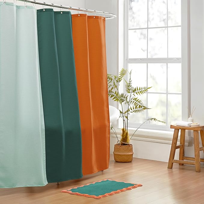 MONDAY MOOSE Bath Mat with Scalloped Wavy Ripple Design, Microfiber Absorbent Non Slip Tufted Rug for Floor, Shower or Kitchen (16x24 inch, Teal Peach)