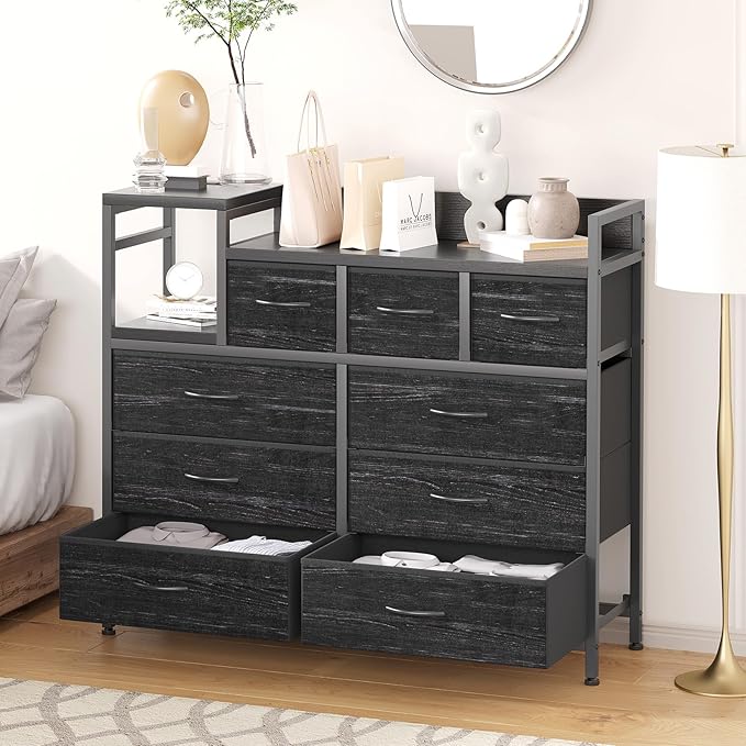 Jojoka TV Stand with Charging Station, Bedroom Dresser for Living Room TV Stand with 9 Drawers,（Black Willow）