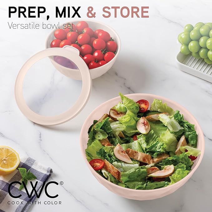 COOK WITH COLOR Mixing Bowls with Lids - 12 Piece Plastic Nesting Bowls Set includes 6 Prep Bowls and 6 Lids, Diamond Design - Microwave Safe (Mint)