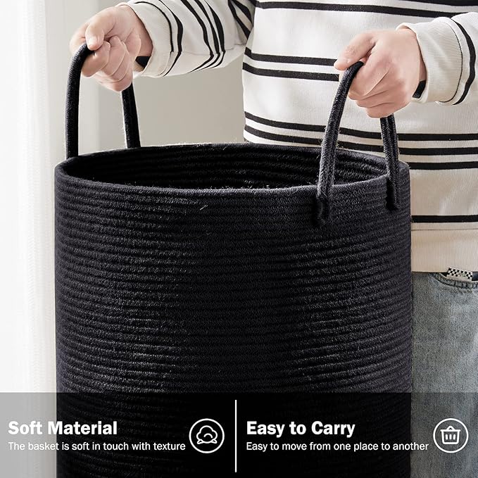 Woven Rope Laundry Hamper Basket, 72L Tall Luandry Basket, Baby Nursery Hamper for Blanket Storage in Bedroom-Large- Black