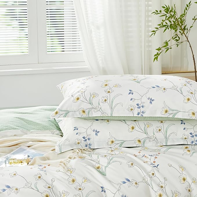 SAPHREAS Twin Size Duvet Cover Set 2pcs White Fresh Floral Pattern Bedding Comforter Cover Set 100% Cotton 1 Duvet Cover 68"x90" 1 Pillow Sham, Comforter Not Included
