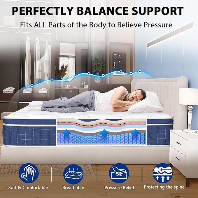 Full Size Mattress in a Box 14 Inch Hybrid Mattress [Enhanced Stability], Medium Firm Feel with Memory Foam and Pocket Springs, Reinforced Edge Support