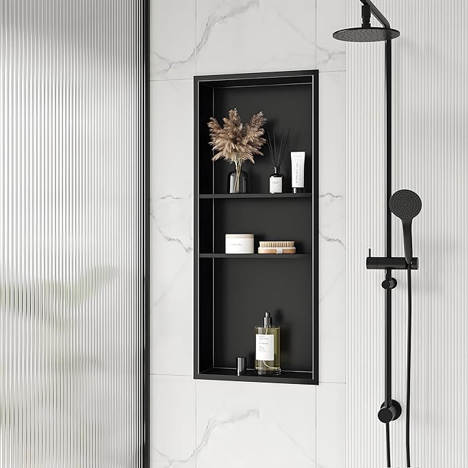 Stainless Steel Shower Niche 12" X 30", No Tile Needed Wall Niche Three-Tiers, Recessed Shower Shelf for Bathroom Storage, Matte Black