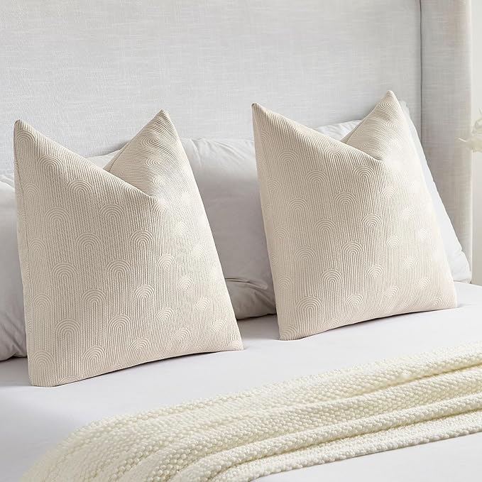 FUTEI Beige Chenille Decorative Throw Pillow Covers 18x18 Inch Set of 2,Soft Cozy Striped Geometric Patterns Cushion Case,Modern Home Decor for Couch Bed Living Room