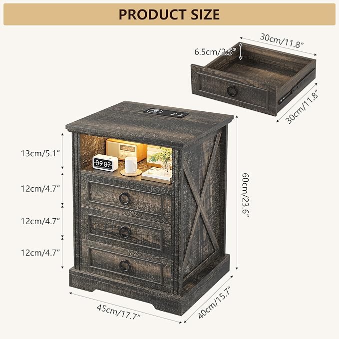Nightstand with Charging Station,Farmhouse End Side Table with 3 Drawers and Open Storage,Smart Bedside Table with LED Light & Human Sensor, Brown