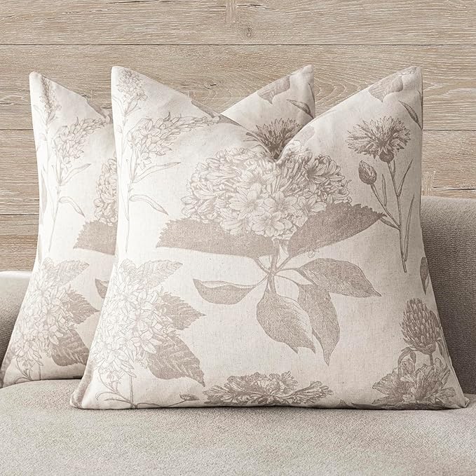 Foindtower Set of 2 Linen Floral Vintage Throw Pillow Covers Neutral Accent Decorative Cushion Covers Farmhouse Boho Home Decor for Sofa Chair Couch Bedroom Living Room Outdoor,20×20 Inch,Tan Beige