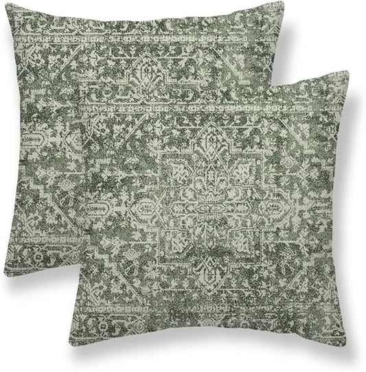 Sage Green Boho Pillow Covers 16 x 16 Inch Set of 2, Bohemian Carpet Pattern Decorative Throw Pillows Ethnic Vintage Farmhouse Pillow Cases Linen Gifts for Couch Sofa Outdoor Decor