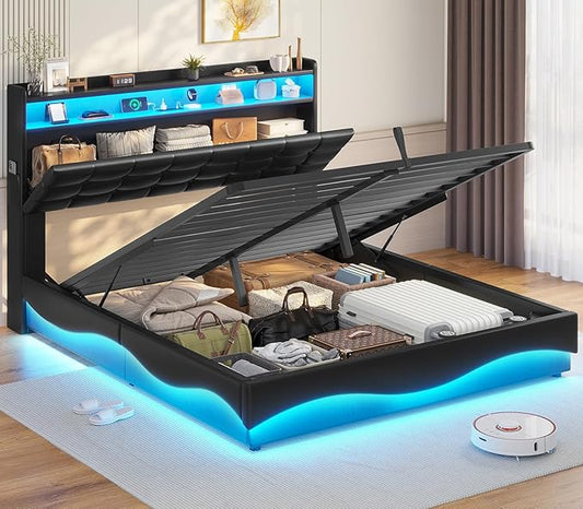 ADORNEVE Lift Up Storage Full Size Bed Frame with Type-C Charging Station& Hidden Storage Headboard, LED Lights Upholstered Platform Bed,Full Bed with Hydraulic, No Box Spring Needed,Black