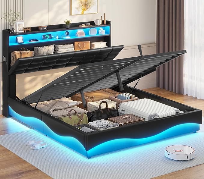 ADORNEVE Lift Up Storage Queen Bed Frame with Type-C Charging Station& Hidden Storage Headboard, LED Lights Upholstered Platform Bed,Queen Bed with Hydraulic, No Box Spring Needed,Black