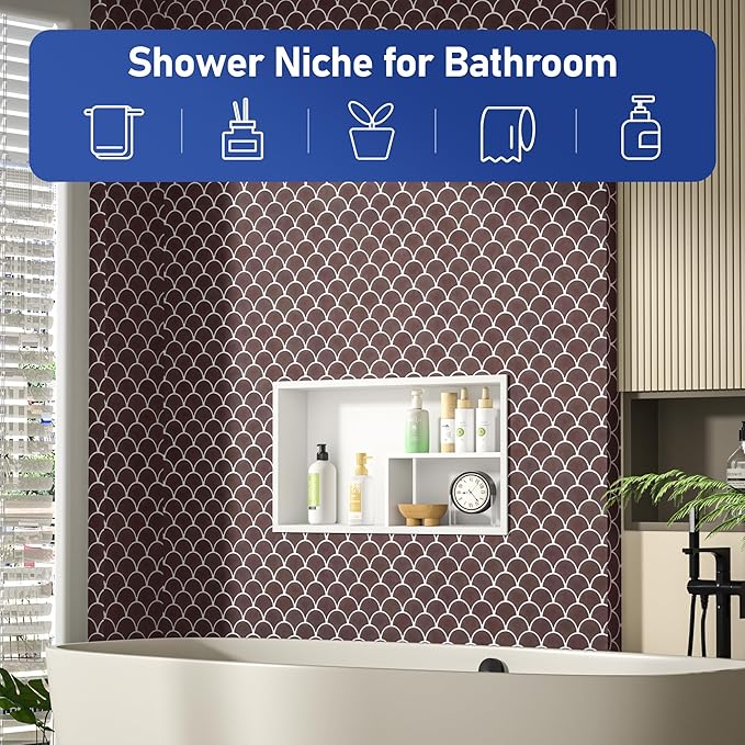 Stainless Steel Shower Niche 12"×24" White with Shelf No Tiled Needed Horizontal Niche Shower for Bathroom Wall Recessed Shower Shelf