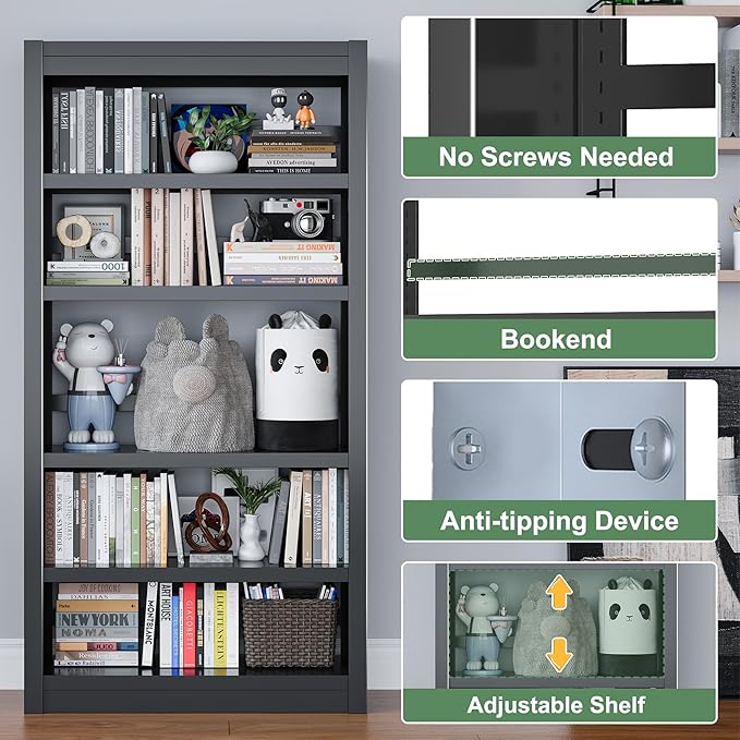 Bookshelf, 5-Tier Bookcase, Modern Bookshelves with Adjustable Shelves, Book Shelf for Home Office, Living Room, Garage, Minimalist Lifestyle & Small Space Living(Black)