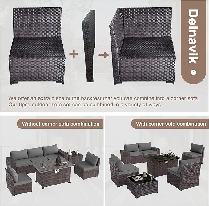 Kurapika 7 Pieces Patio Furniture Set, Rattan Outdoor Conversation Sets w/43in Propane Fire Pit Table and 4 Inch Cushion(Grey)