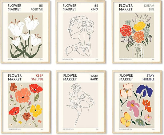 Flower Market Wall Art Prints Botanical Aesthetic Decor Minimalist Poster Inspirational Theme Flower Line Photo Vintage Abstract Pictures Canvas Wall Art Colorful Floral Wall Decor for room (8x10
