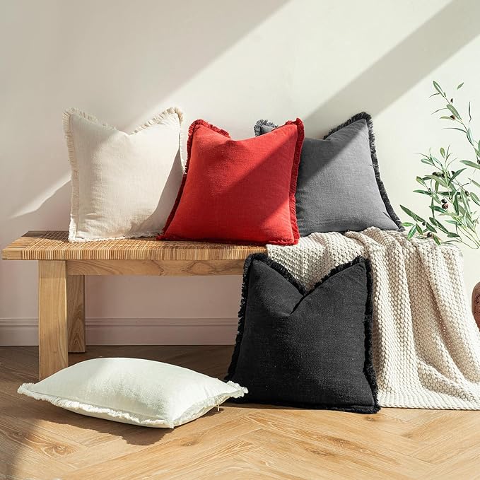 MIULEE Decorative Throw Pillow Covers Neutral Linen Fringe Throw Pillows Set of 2 Red Boho Farmhouse Cushion Covers with Tassels for Couch Sofa Bed Living Room Spring Home Decor 20x20 Inch